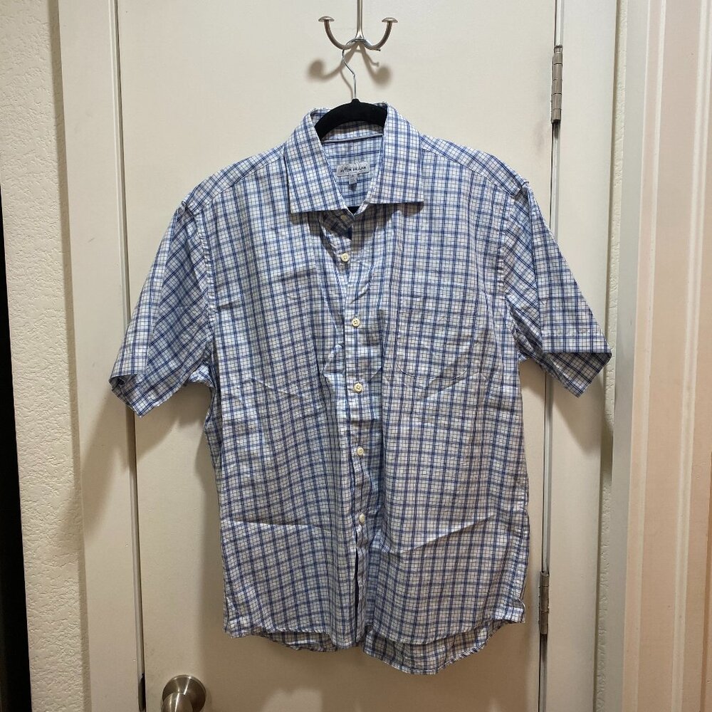Peter Millar Blue White Plaid Short Sleeve Button Down Shirt Size Large